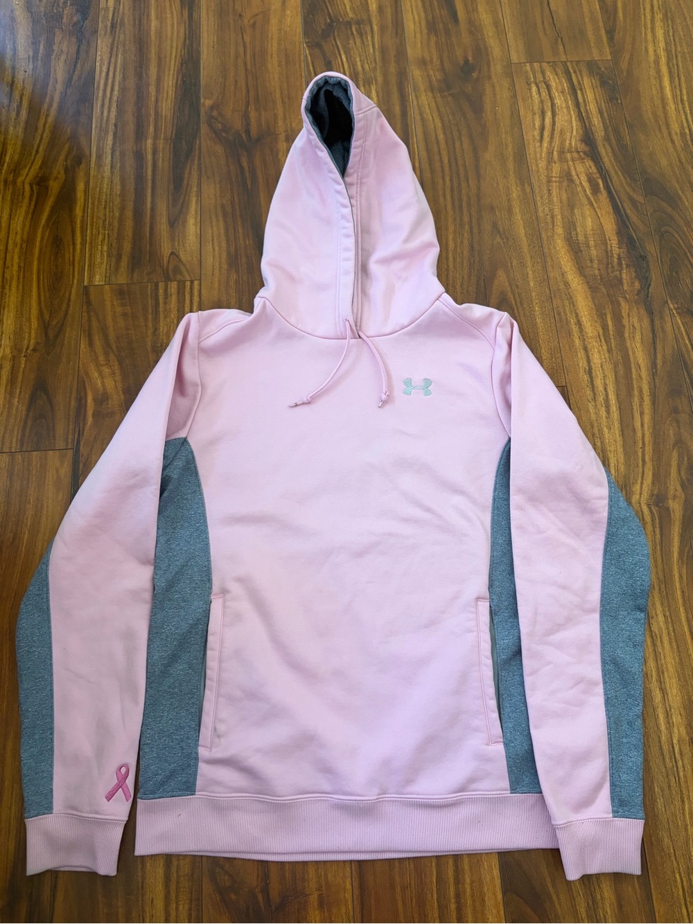 Under Armour Pink/Grey Hoodie Breast  cancer ribbon on wrist Size Women SM (4-6)